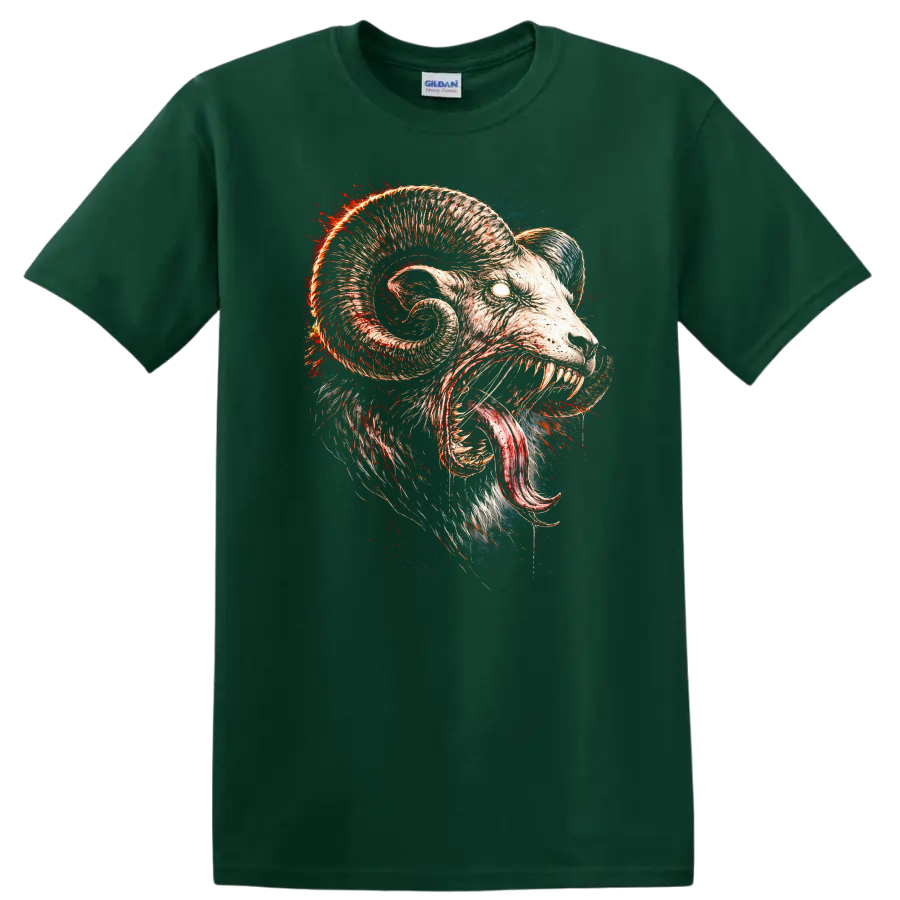 Raging Ram Skull Monster T Shirt Fierce Animal Horror Graphic - Forest Green
