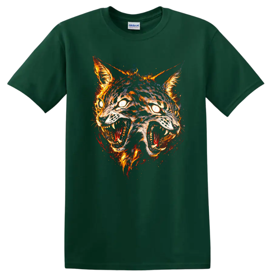 Fiery Twin Wolves Mask Graphic T Shirt for Animal Lovers - Forest Green