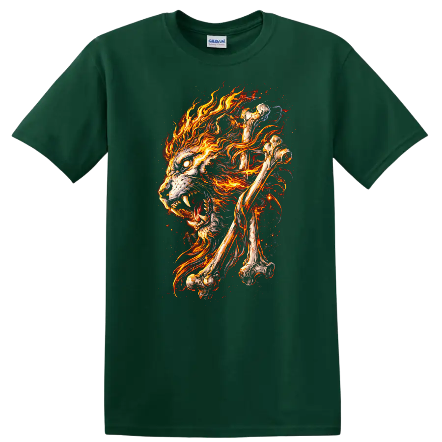 Flaming Wolf Skull Bones Animal Graphic T Shirt for Bold Nature Fans - Forest Green