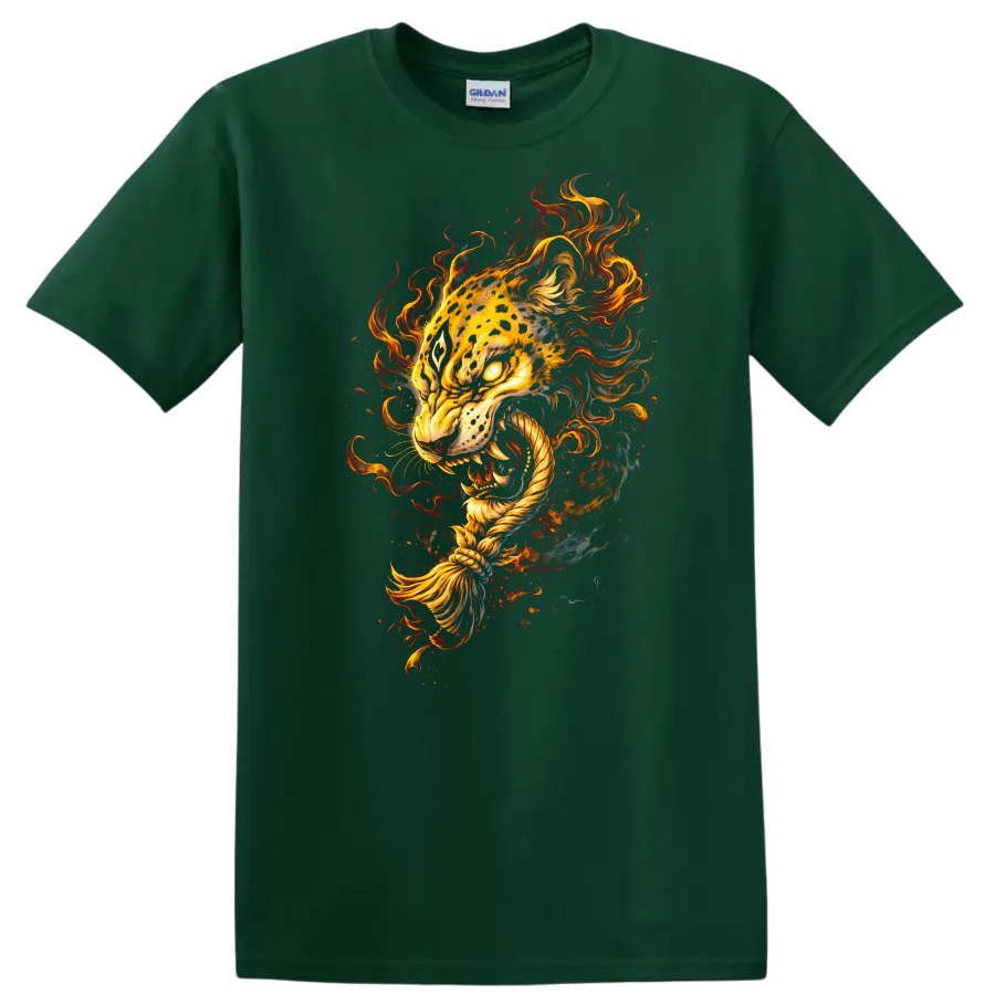 Fiery Tiger Head Art T Shirt Fierce Animal Graphic for Bold Style - Forest Green