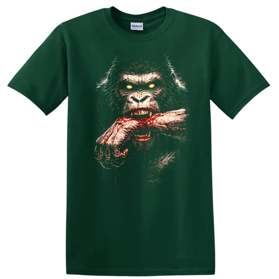 Fierce Bloodied Gorilla Face Horror Animal Graphic T Shirt - Forest Green