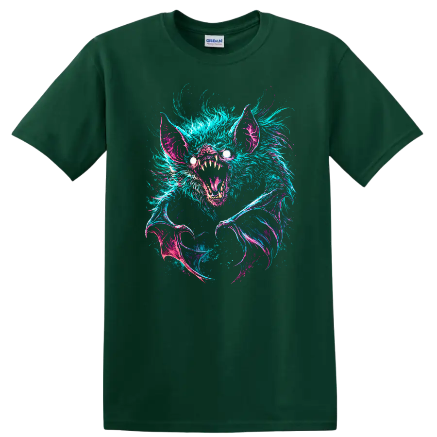 Neon Bat Creature Horror Graphic T Shirt for Dark Fantasy Animal Fans - Forest Green