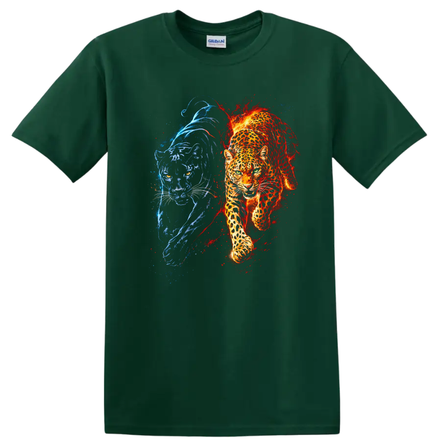 Fire and Ice Panther T Shirt Blue Red Big Cat Animal Graphic - Forest Green