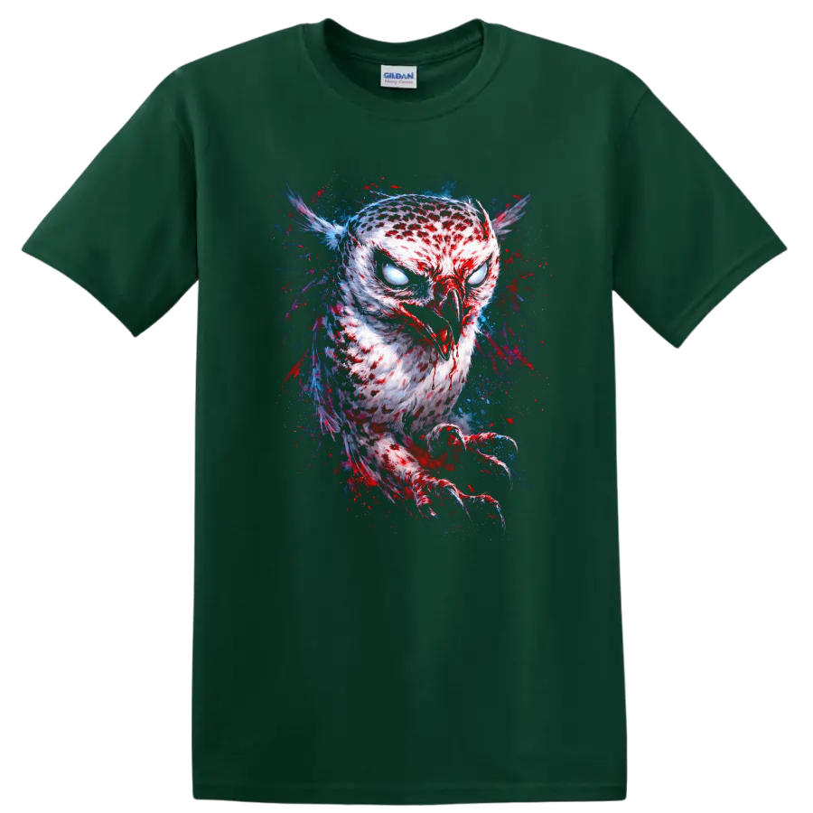 Psychedelic Owl Eyes Abstract Animal Art T Shirt - Forest Green