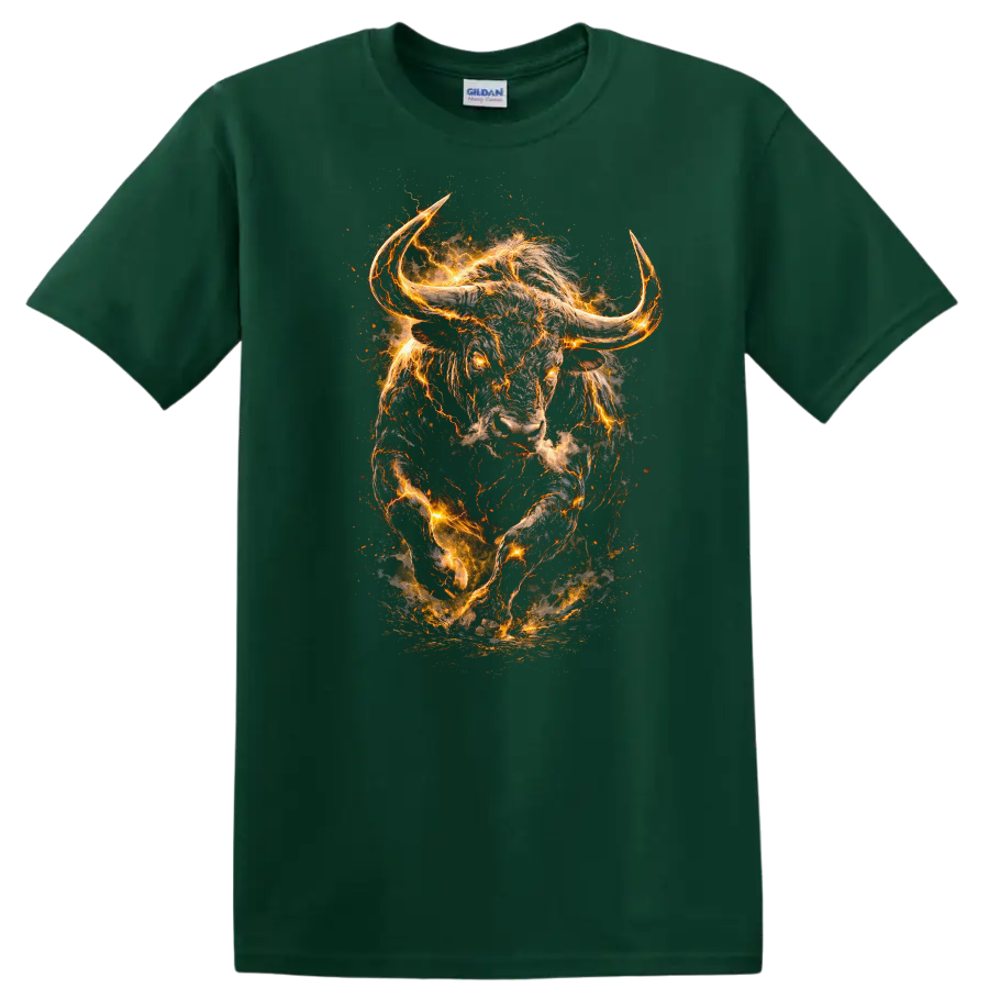 Fiery Charging Bull Head Animals T Shirt, Glowing Wild Energy Graphic - Forest Green