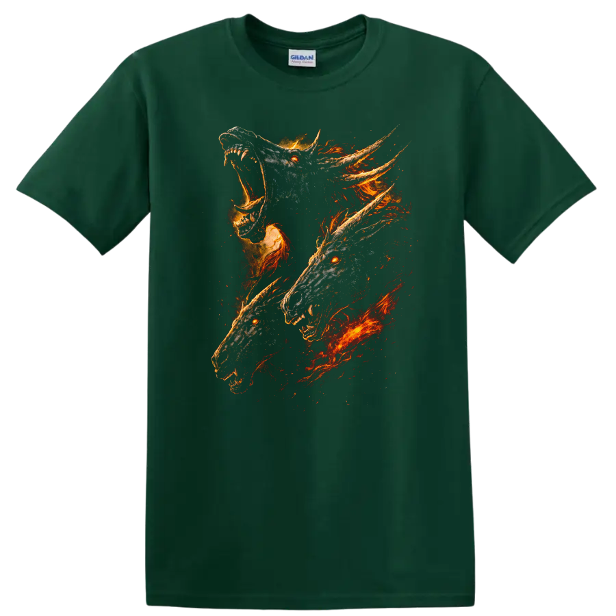 Fiery Wolf Head Trio Graphic T Shirt Bold Animal Art - Forest Green