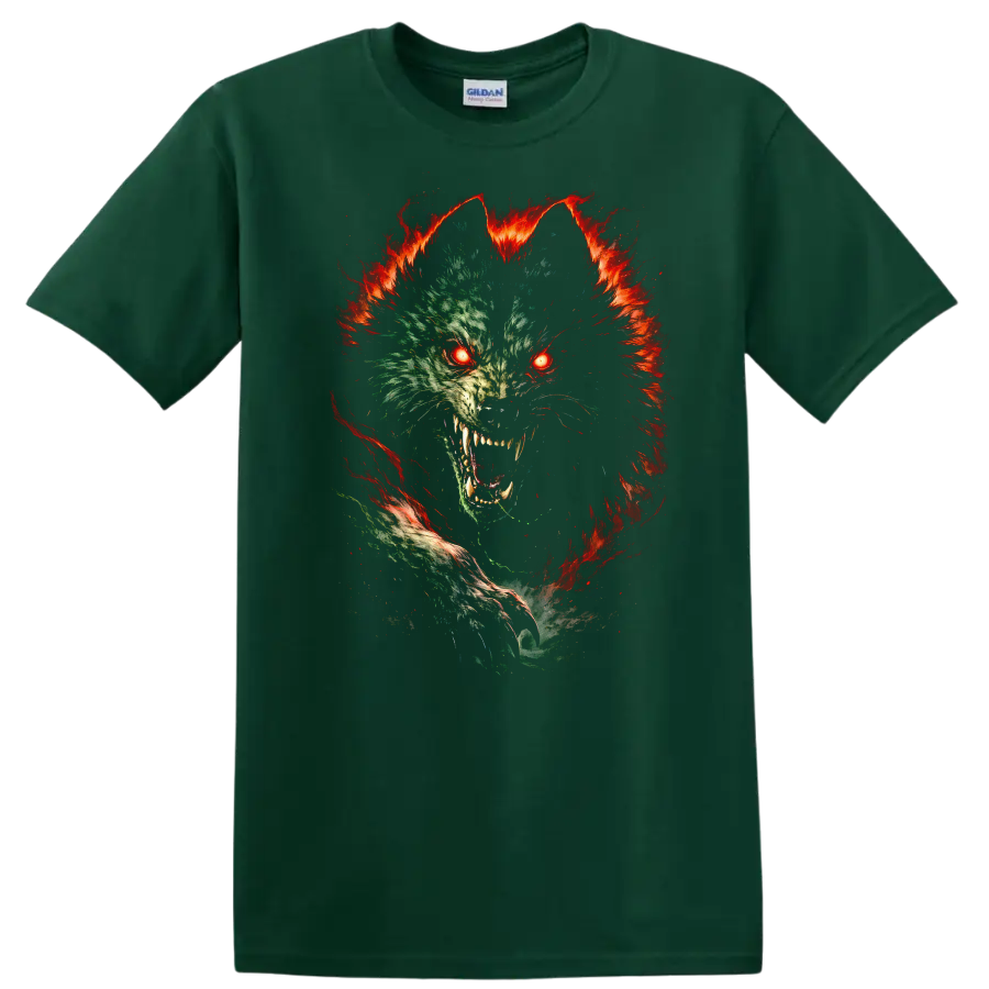 Glitch Wolf Fire Eyes Animal Graphic T Shirt for Bold Streetwear - Forest Green