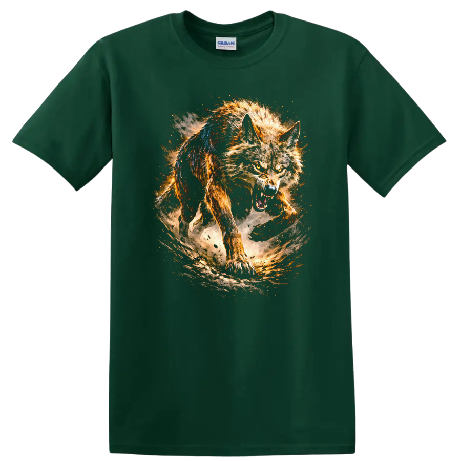 Fierce Wolf Running Through Fire Storm T Shirt Wild Animal Art - Forest Green