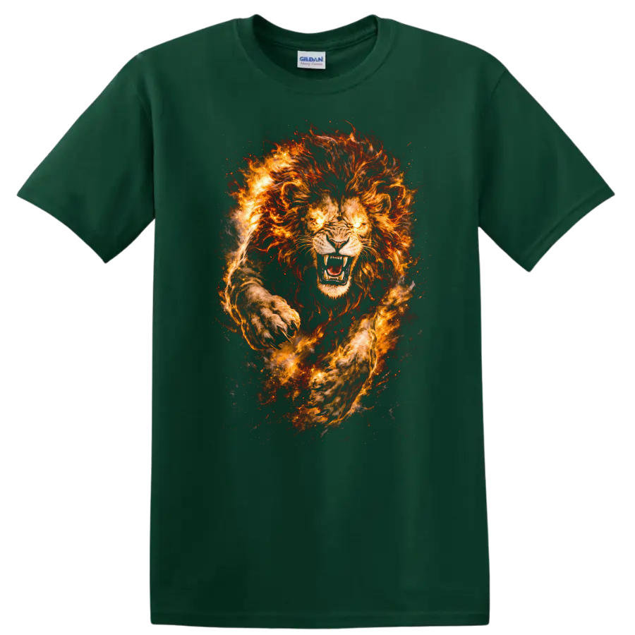 Fiery Lion Head T Shirt Roaring Wild Animal Graphic for Men Women - Forest Green