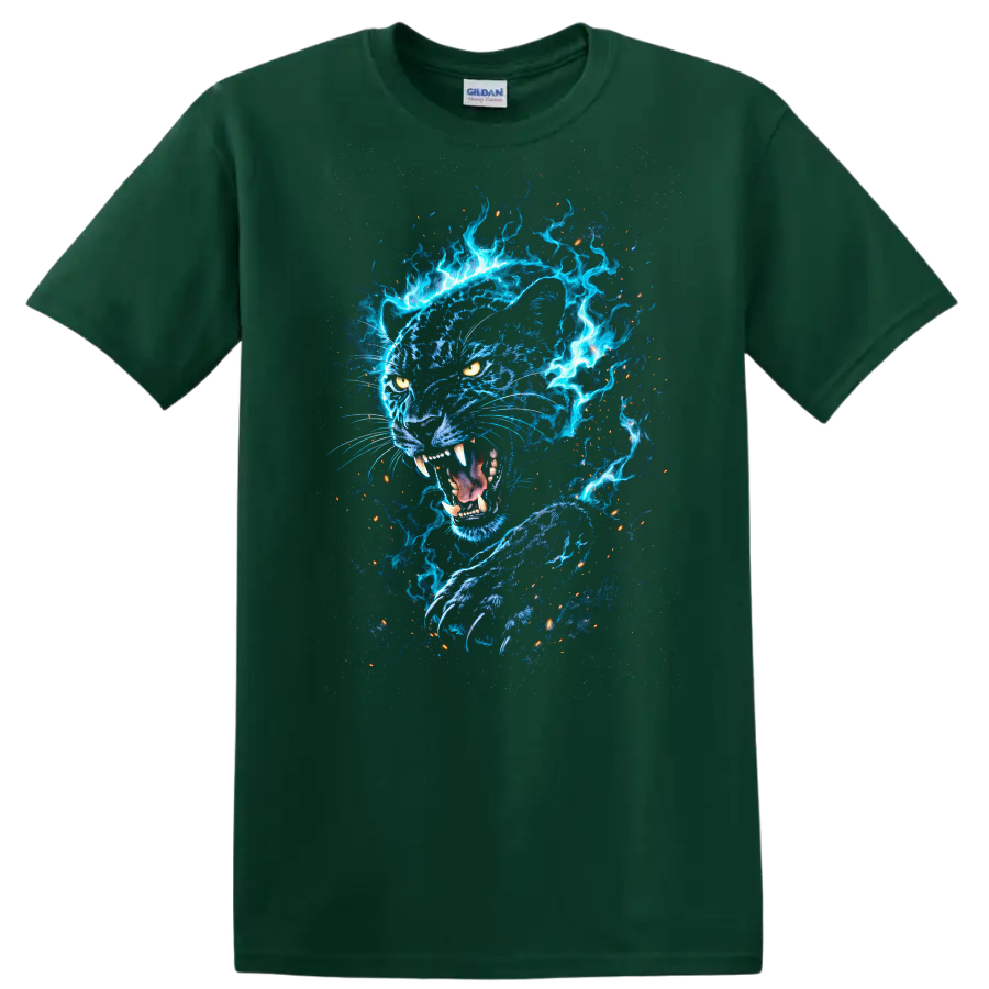 Electric Blue Panther Fireburst Graphic T Shirt for Animal Lovers - Forest Green