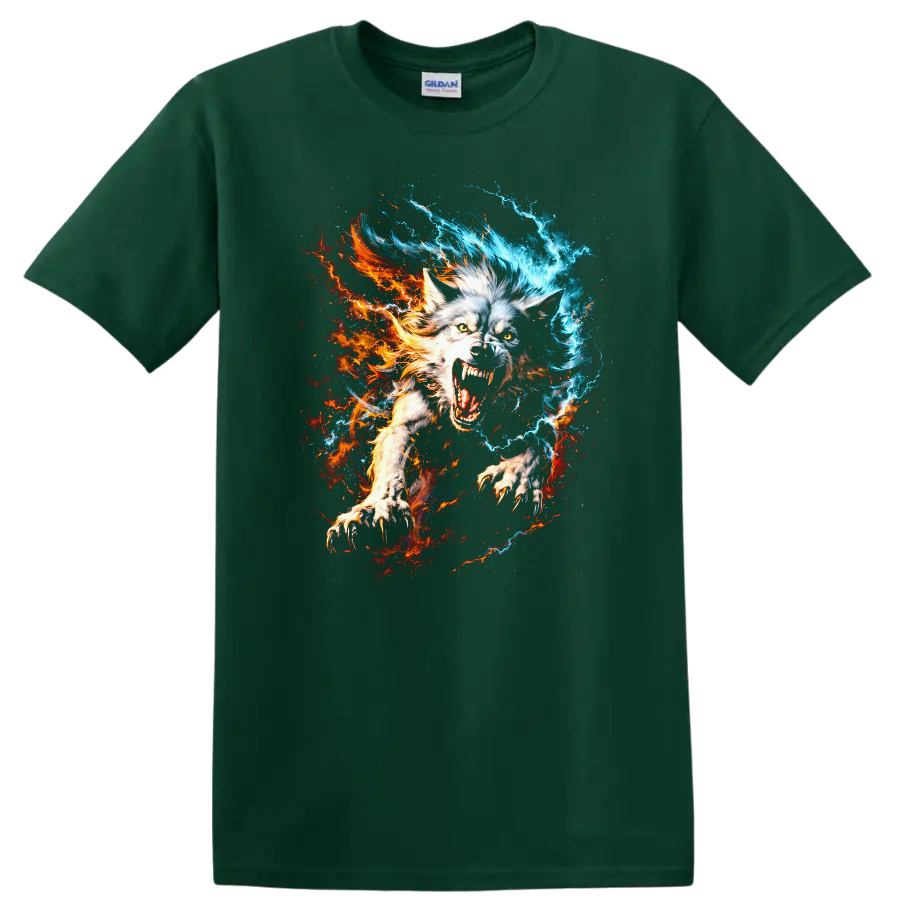 Fiery Ice Wolf Howling Animal Art T Shirt for Nature and Fantasy Fans - Forest Green