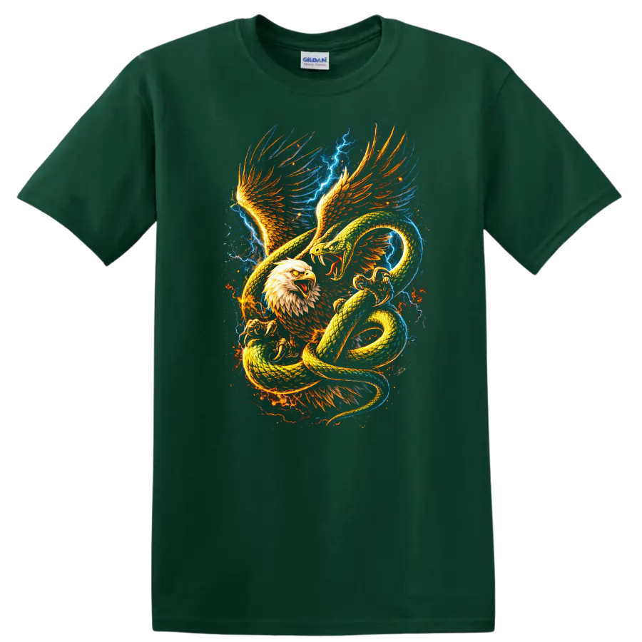 Fire and Ice Eagle Snake Battle Graphic T Shirt for Animal Art Fans - Forest Green