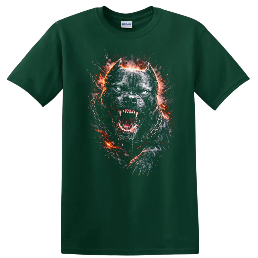 Fierce Pitbull Dog Head Fiery Chain T Shirt for Animal Lovers - Forest Green