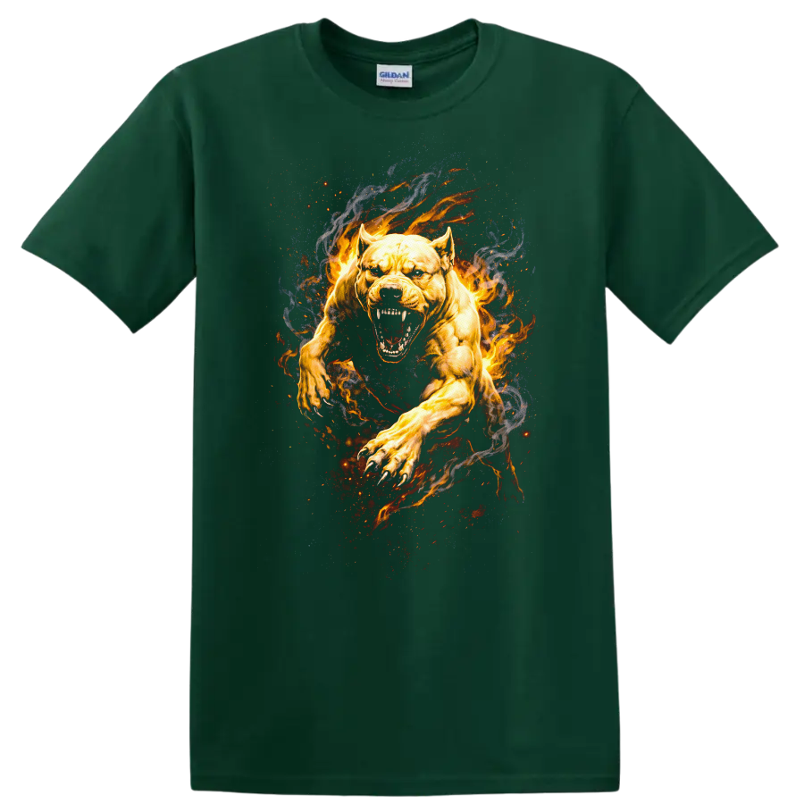 Fiery Pitbull Attack Art T Shirt Aggressive Animal Graphic - Forest Green