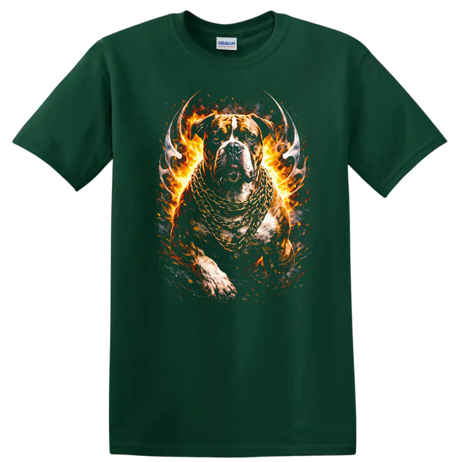 Fiery Pit Bull Dog with Gold Chains Animal T Shirt - Forest Green