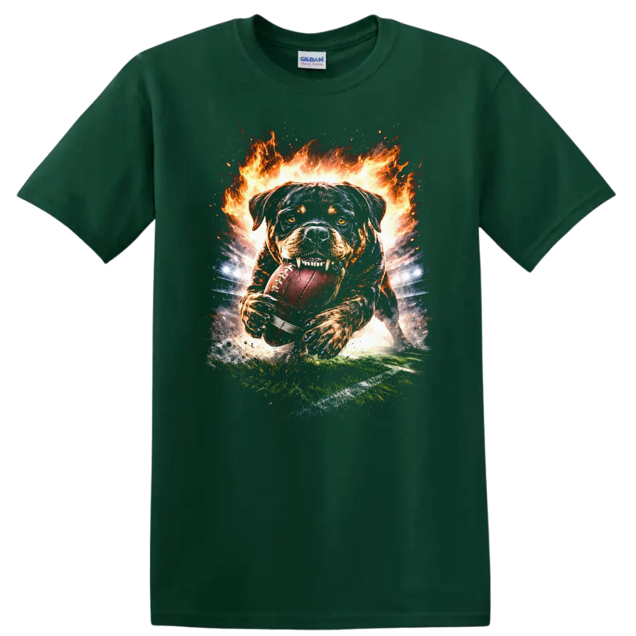 Flaming Football Dog Catching Ball Action Sports T Shirt - Forest Green