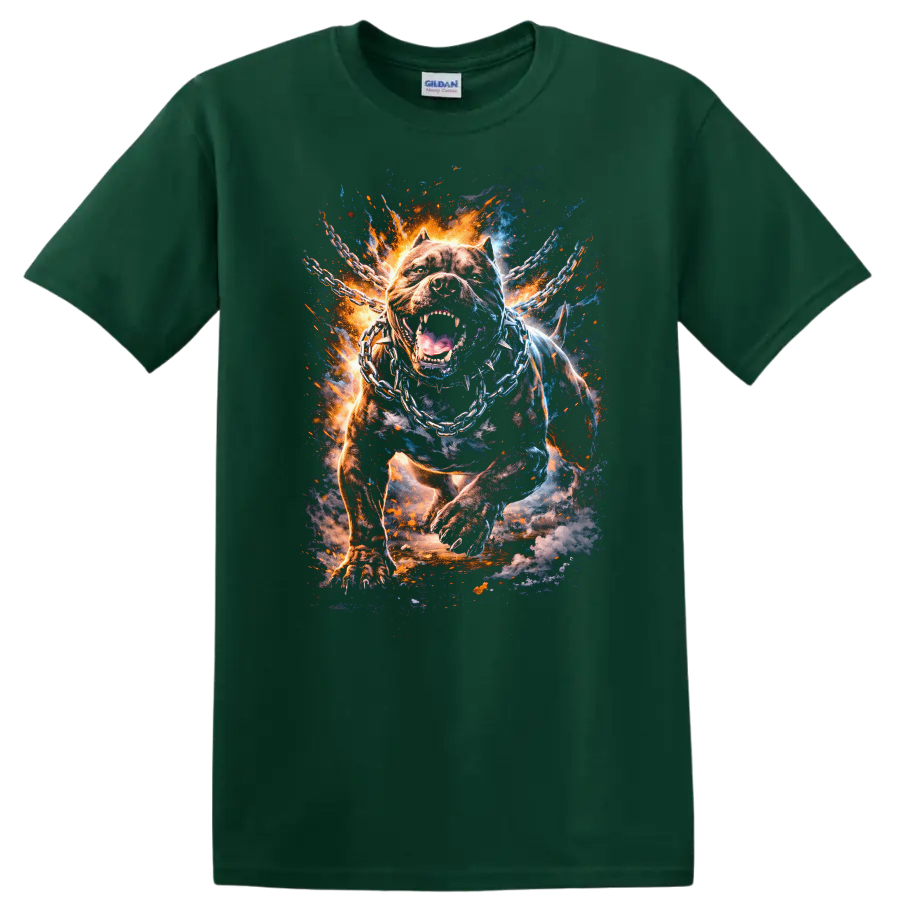 Fierce Pitbull Chains Fire Burst Graphic T Shirt for Dog Lovers - Forest Green