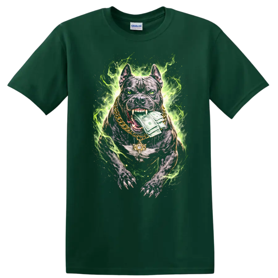 Neon Pitbull Money Dog Graphic T Shirt Fierce Streetwear Style - Forest Green