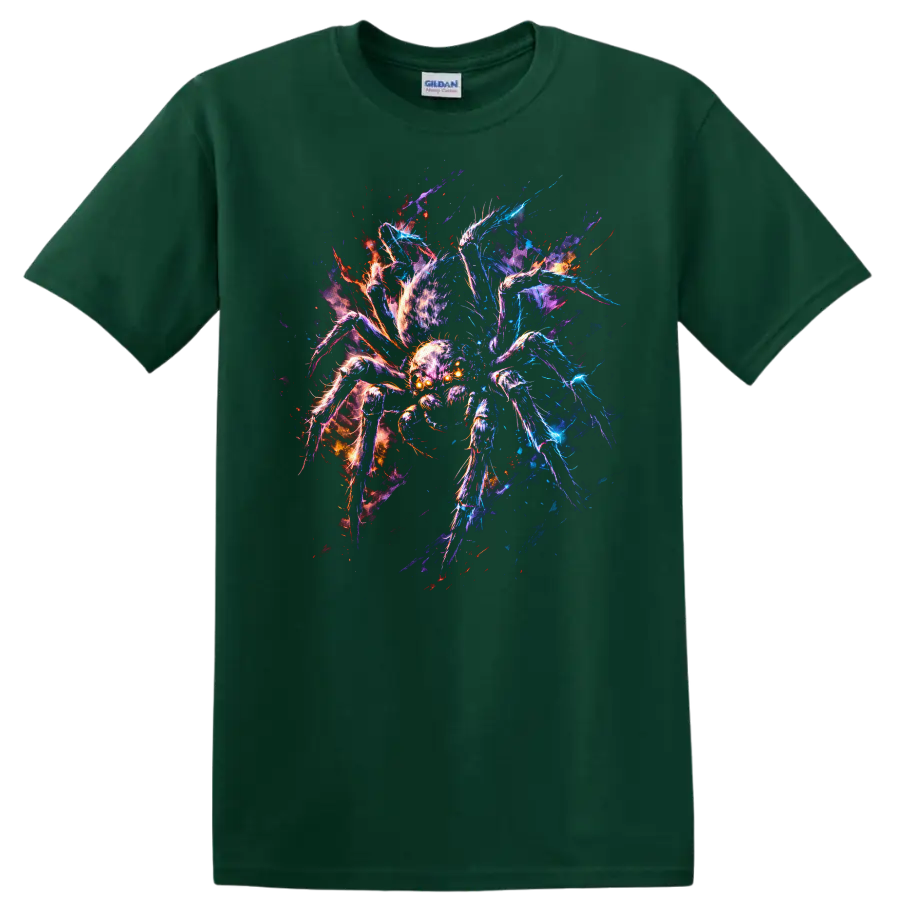 Neon Energy Spider Art Graphic T Shirt for Bold Animal Lovers - Forest Green