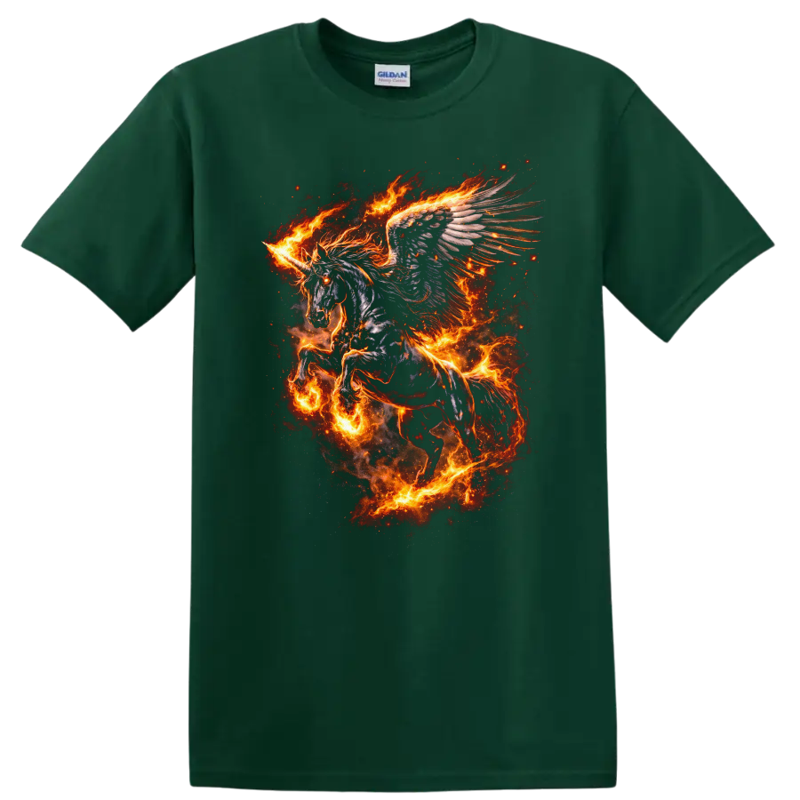 Fiery Winged Unicorn T Shirt Fantasy Animal Flame Art Graphic - Forest Green