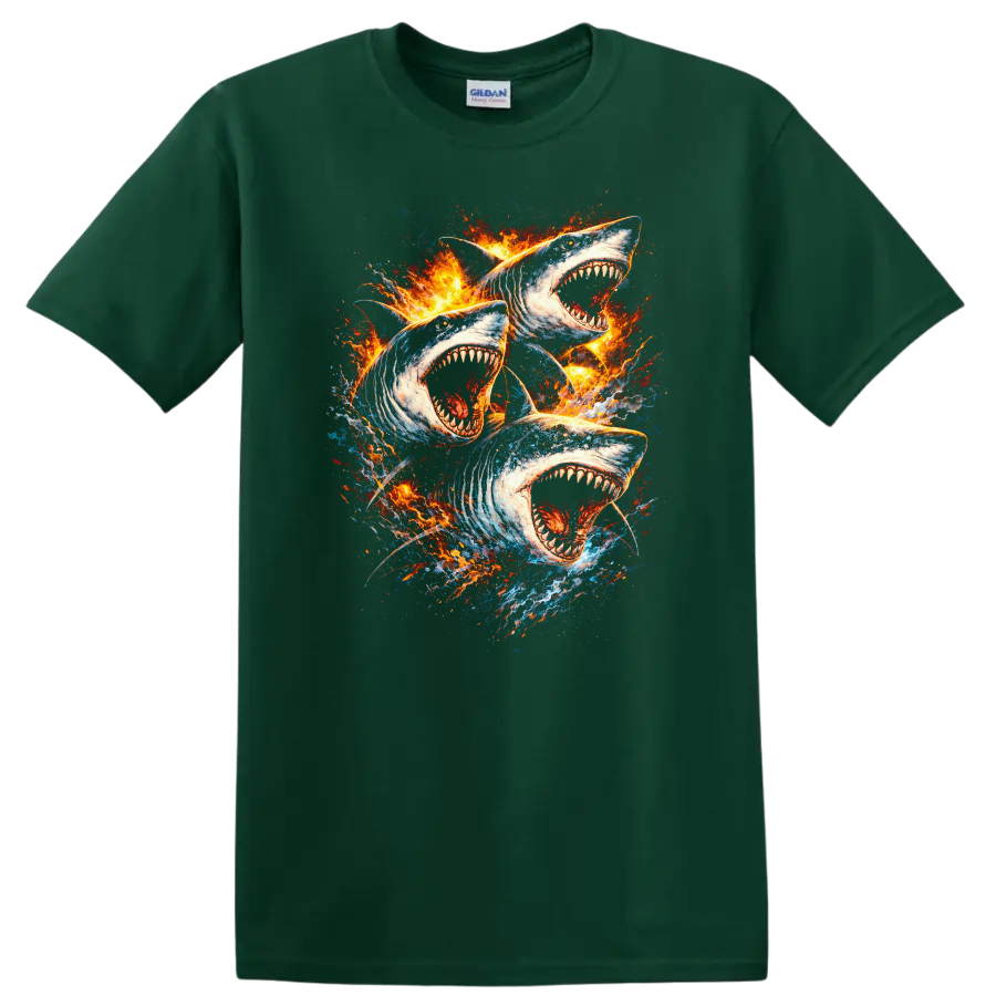 Fire Shark Trio Graphic T Shirt Bold Ocean Predator Design - Forest Green
