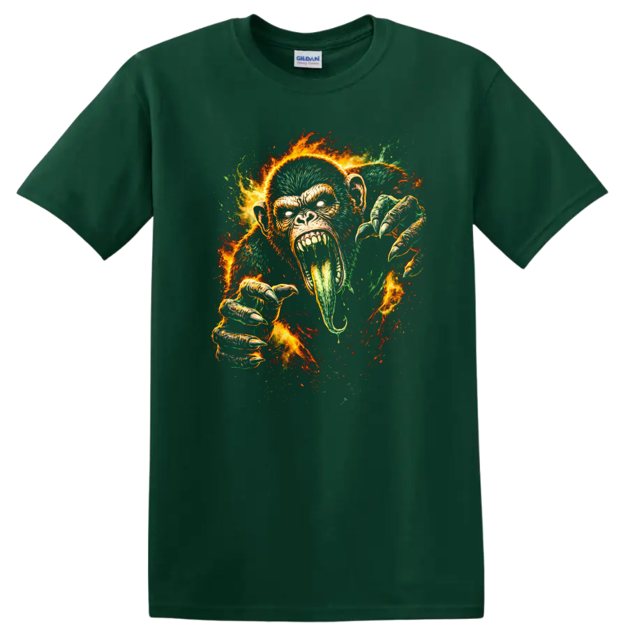 Fiery Angry Gorilla Face T Shirt Bold Primate Animal Graphic - Forest Green