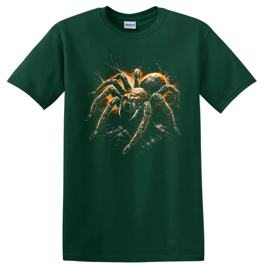 Fiery Spider Animal Art T Shirt Spooky Insect Graphic for Nature Fans - Forest Green