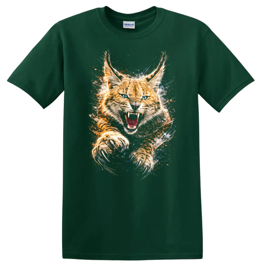 Roaring Bobcat Big Cat Claw Strike T Shirt Wild Animal Graphic - Forest Green