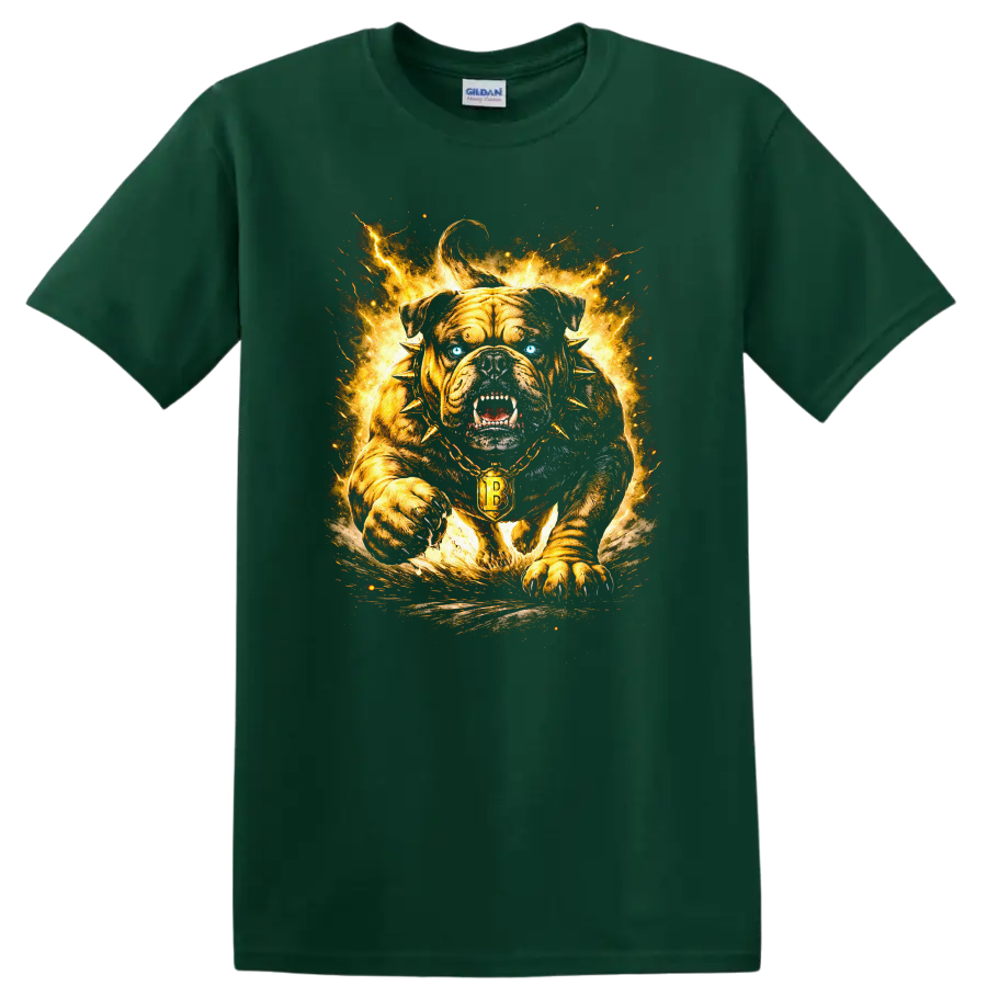 Fierce Bulldog Fireburst T Shirt Golden Gothic Collar Animal Graphic - Forest Green
