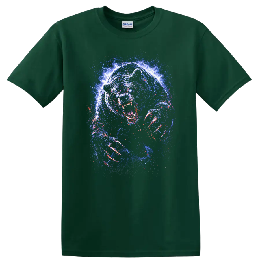 Electric Blue Bear Claw Roar Graphic T Shirt for Animal Art Fans - Forest Green