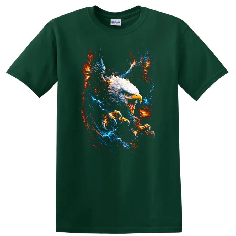 Fiery Eagle Wings Graphic T Shirt Bold Patriotic Animal Art - Forest Green