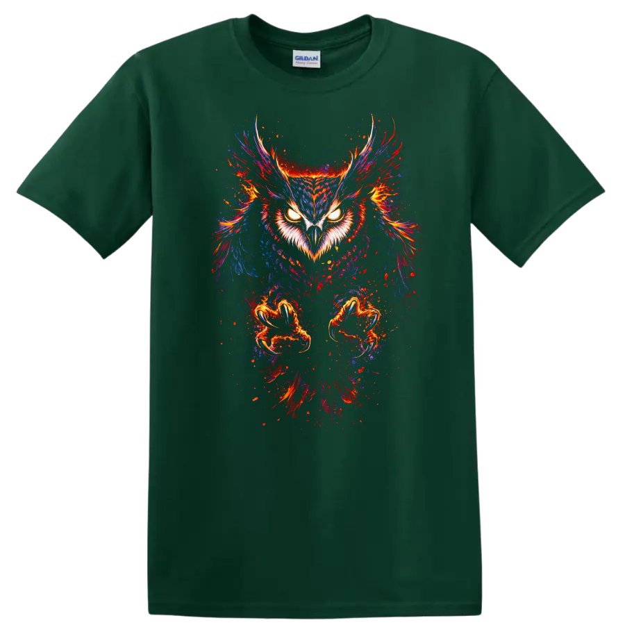 Neon Owl Eyes Wings Animal Art T Shirt for Bold Nature Lovers - Forest Green