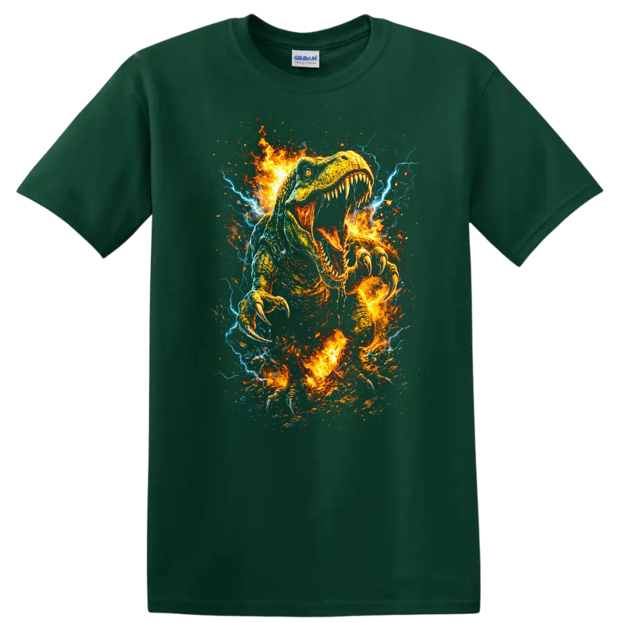 Fiery Raptor Dinosaur Claw Attack T Shirt Wild Animal Graphic - Forest Green