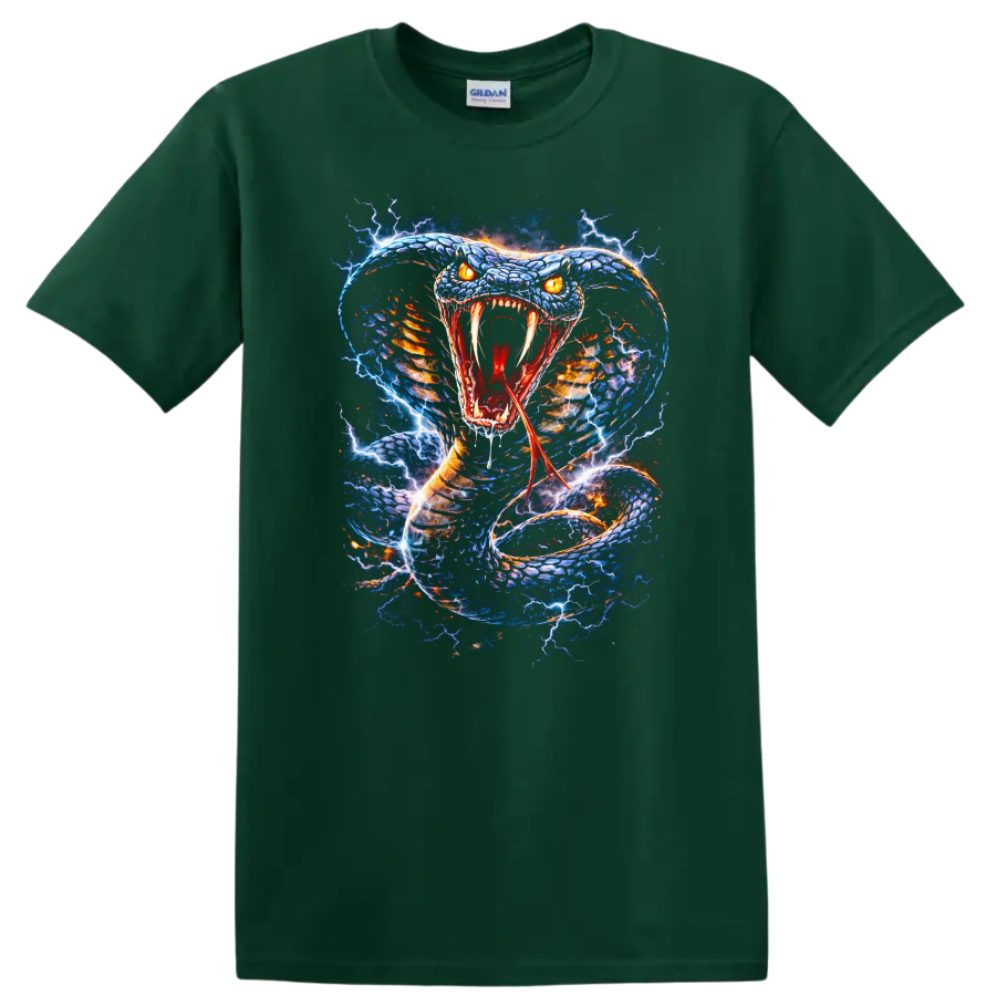 Electric Blue Snake Attack Graphic T Shirt for Reptile Lovers - Forest Green