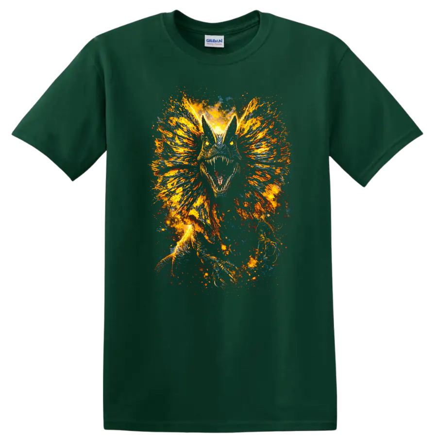 Fiery Dragon Beast Explosion Art Graphic T Shirt for Bold Fantasy Fans - Forest Green