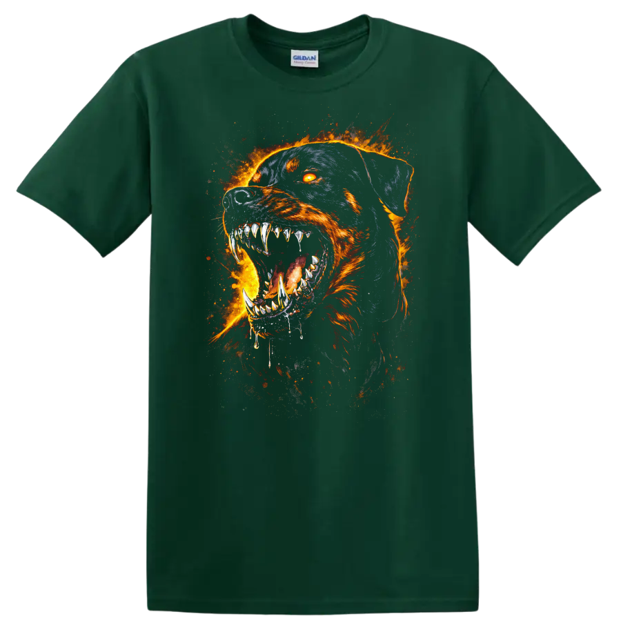 Fiery Rottweiler Dog Face T Shirt Flame Art Animal Graphic - Forest Green