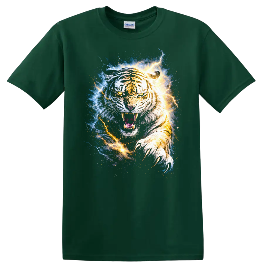 Fierce White Tiger Lightning Burst Graphic T Shirt Unisex Animal Art - Forest Green
