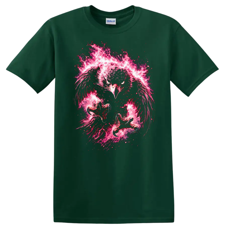 Fierce Flaming Phoenix Bird Graphic T Shirt for Bold Animal Lovers - Forest Green
