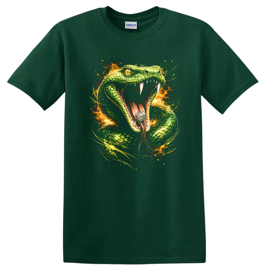 Viper Snake Fire Fantasy Animal Art T Shirt for Reptile Lovers - Forest Green