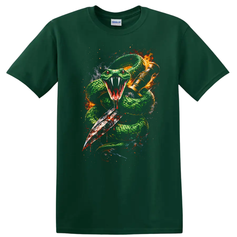 Fierce Snake and Sword Graphic T Shirt Green Fire Fantasy Animal - Forest Green