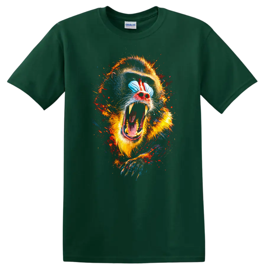 Colorful Mandrill Monkey Face Splash Art T Shirt For Animal Lovers - Forest Green