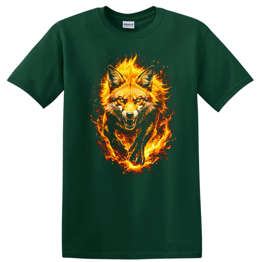 Fiery Fox Animal Art T Shirt Burning Wild Fox Portrait Graphic - Forest Green