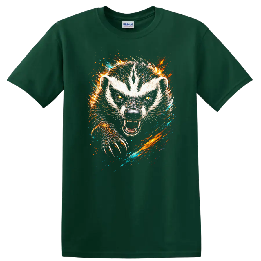 Fierce White Wolf Animal Art T Shirt with Fiery Claw Burst - Forest Green