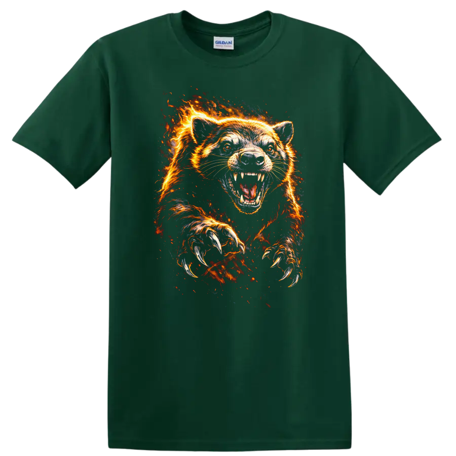 Fire Wolf Bear Roaring Flames Animals Graphic T Shirt - Forest Green