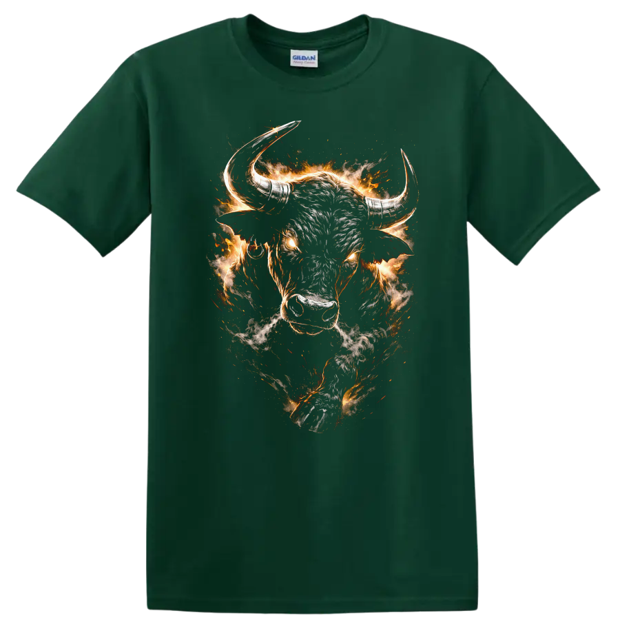 Flaming Bull Head Graphic T Shirt Fierce Western Animal Design - Forest Green