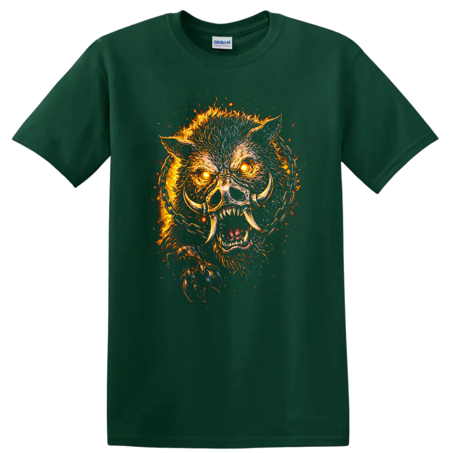 Fiery Boar Skull Animals Graphic T Shirt for Bold Streetwear - Forest Green
