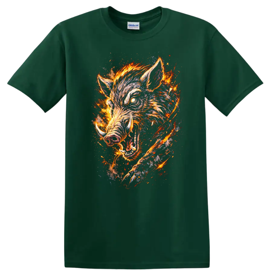 Fiery Wild Boar Graphic T Shirt Burning Animal Wildlife Art - Forest Green