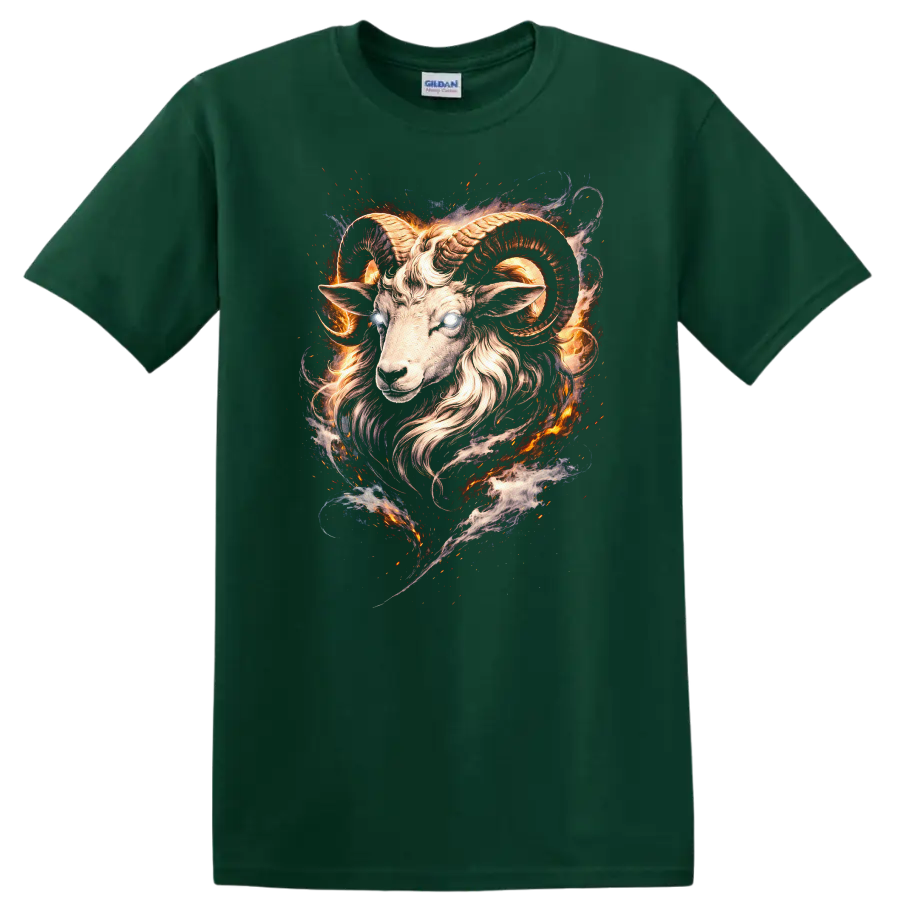 Fiery Ram Goat Head Fantasy Animal Art T Shirt for Bold Style - Forest Green