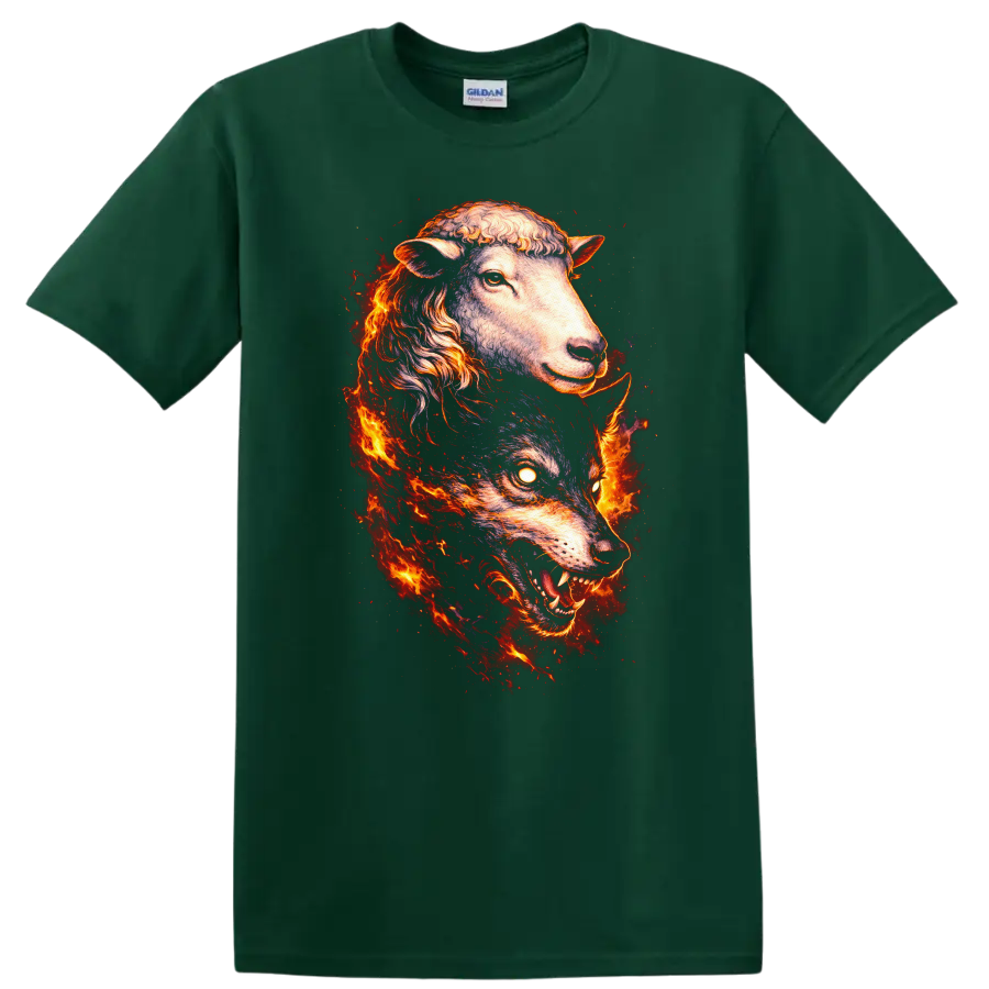Fiery Sheep and Wolf Spirit Animal Duo T Shirt for Nature Lovers - Forest Green