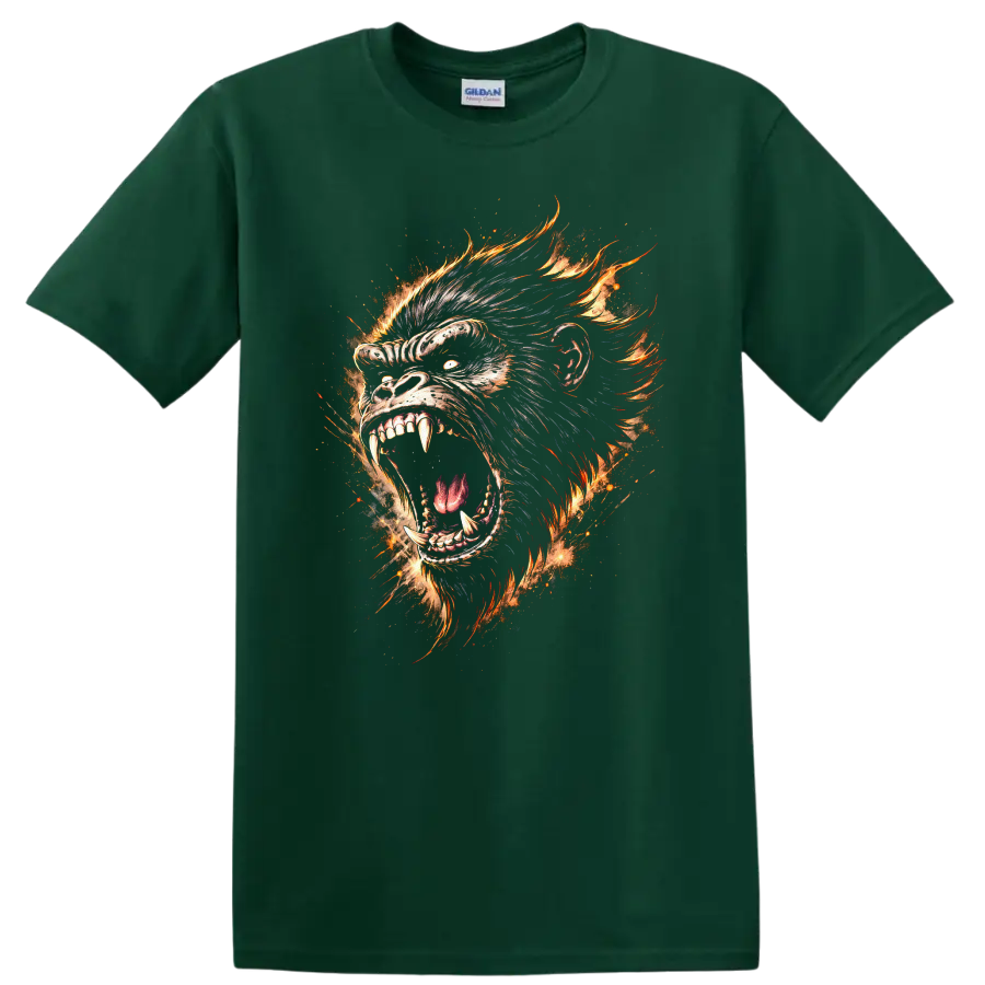 Fiery Gorilla Primate Head Graphic T Shirt for Animal Lovers - Forest Green